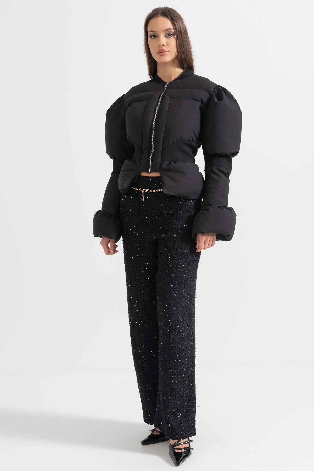 Cropped Puffer Jacket with Fitted Waist and Puffed Sleeves – Black – view 6