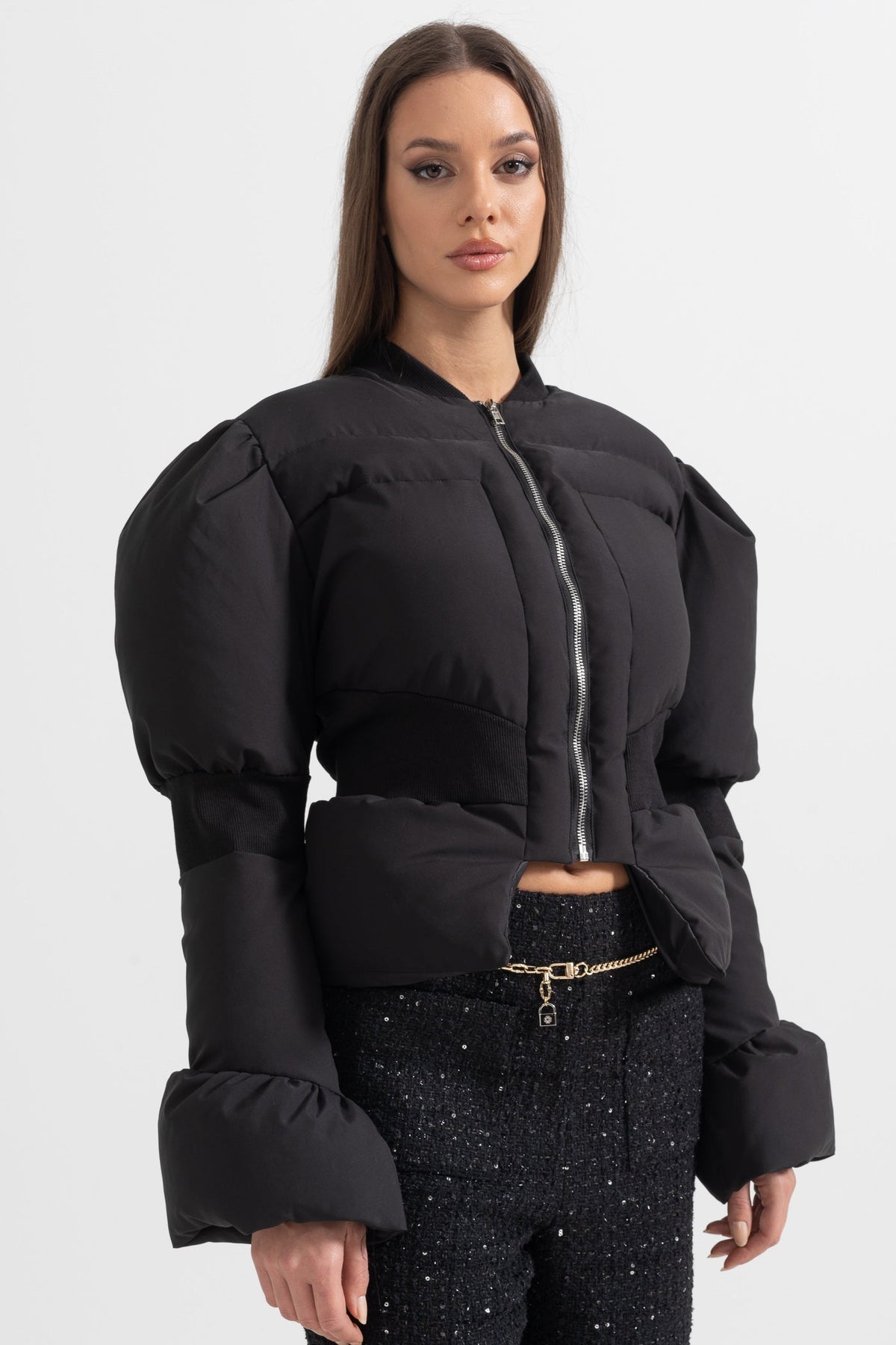 Cropped Puffer Jacket with Fitted Waist and Puffed Sleeves – Black – view 7