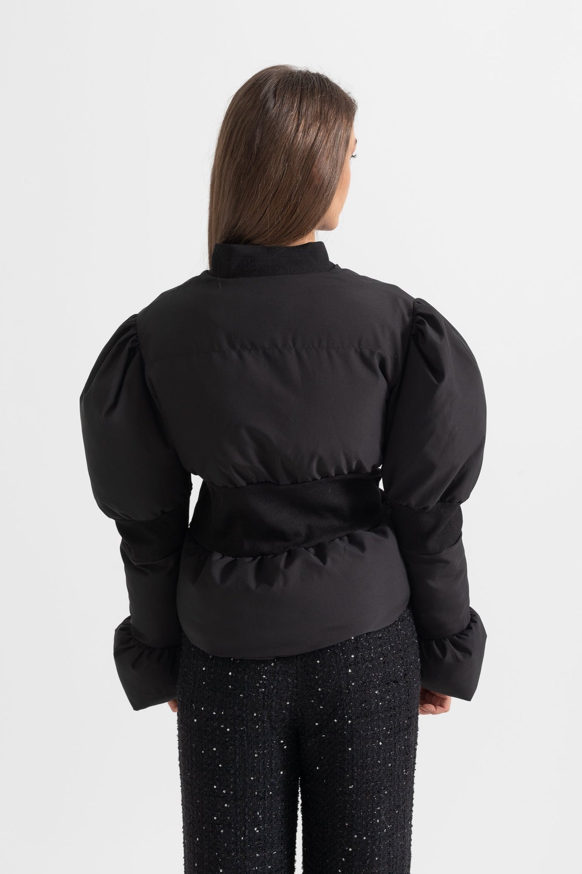 Cropped Puffer Jacket with Fitted Waist and Puffed Sleeves – Black – view 8