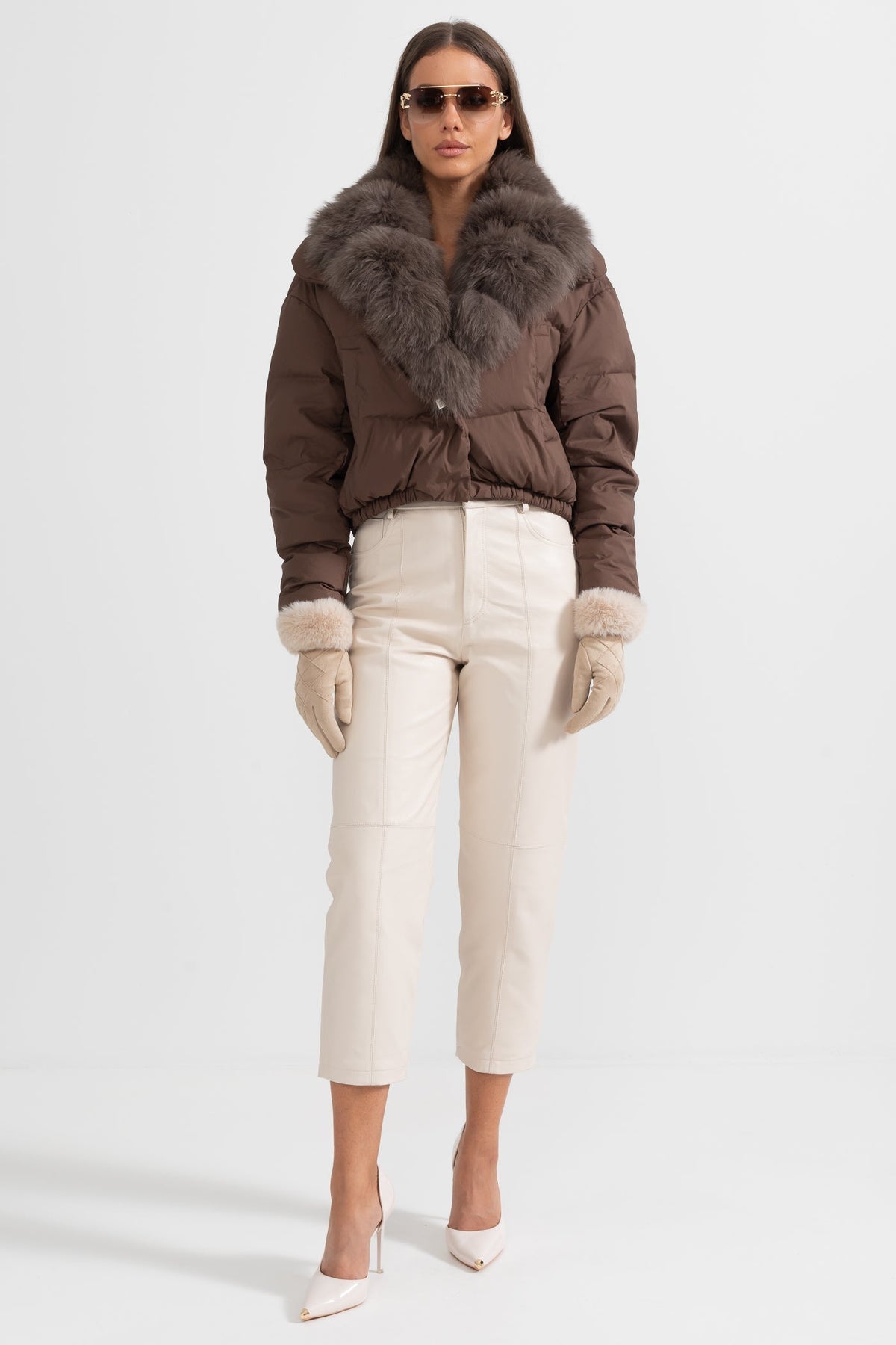 Duck Down Puffer Jacket with Brown Lined Hood – Brown – view 4
