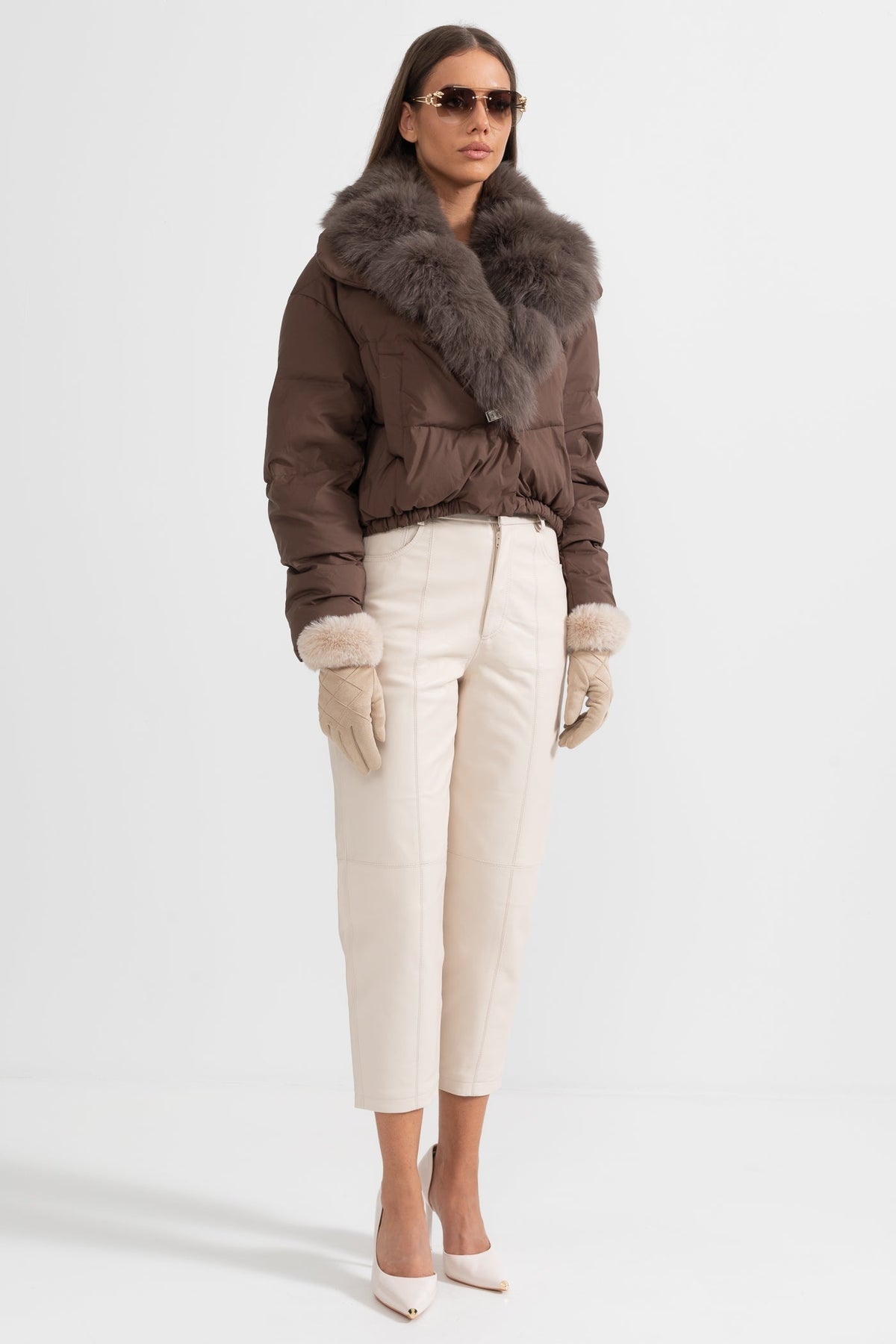 Duck Down Puffer Jacket with Brown Lined Hood – Brown – view 3