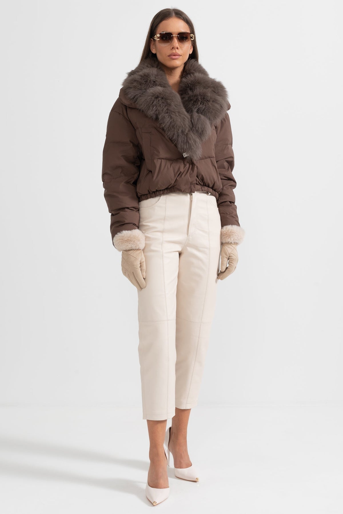 Duck Down Puffer Jacket with Brown Lined Hood – Brown – view 6