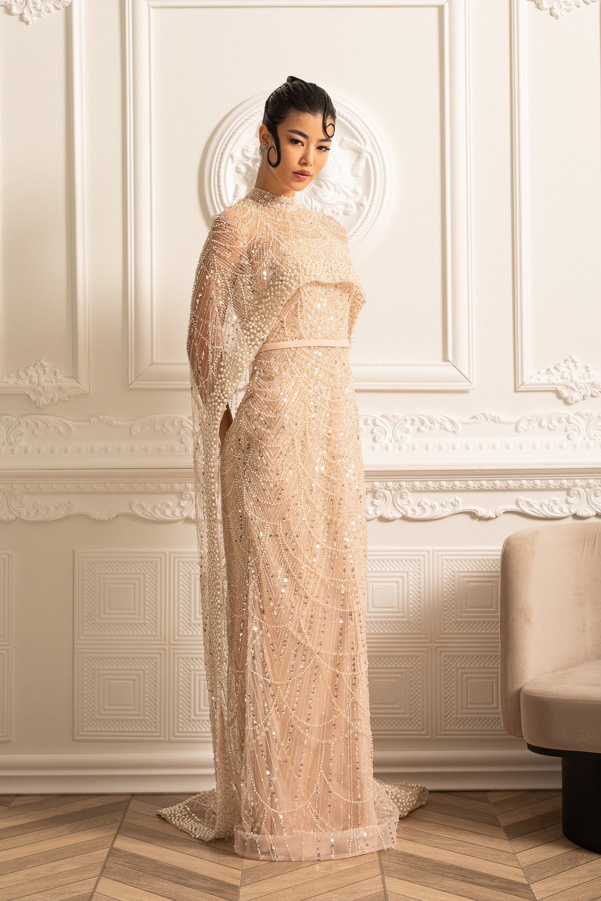 Beaded Sheer Corset Gown with Detachable Veil – Beige – view 12