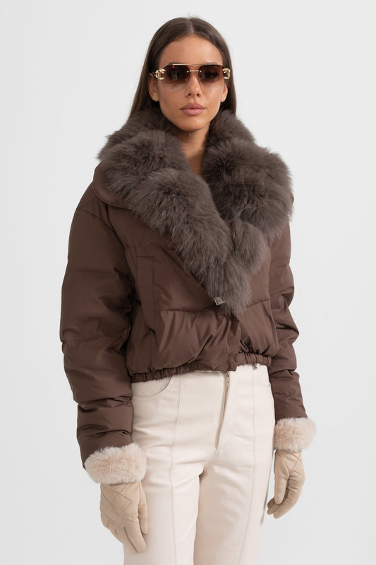 Duck Down Puffer Jacket with Brown Lined Hood – Brown