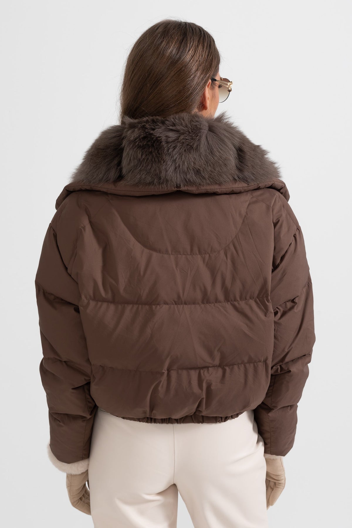 Duck Down Puffer Jacket with Brown Lined Hood – Brown – view 8