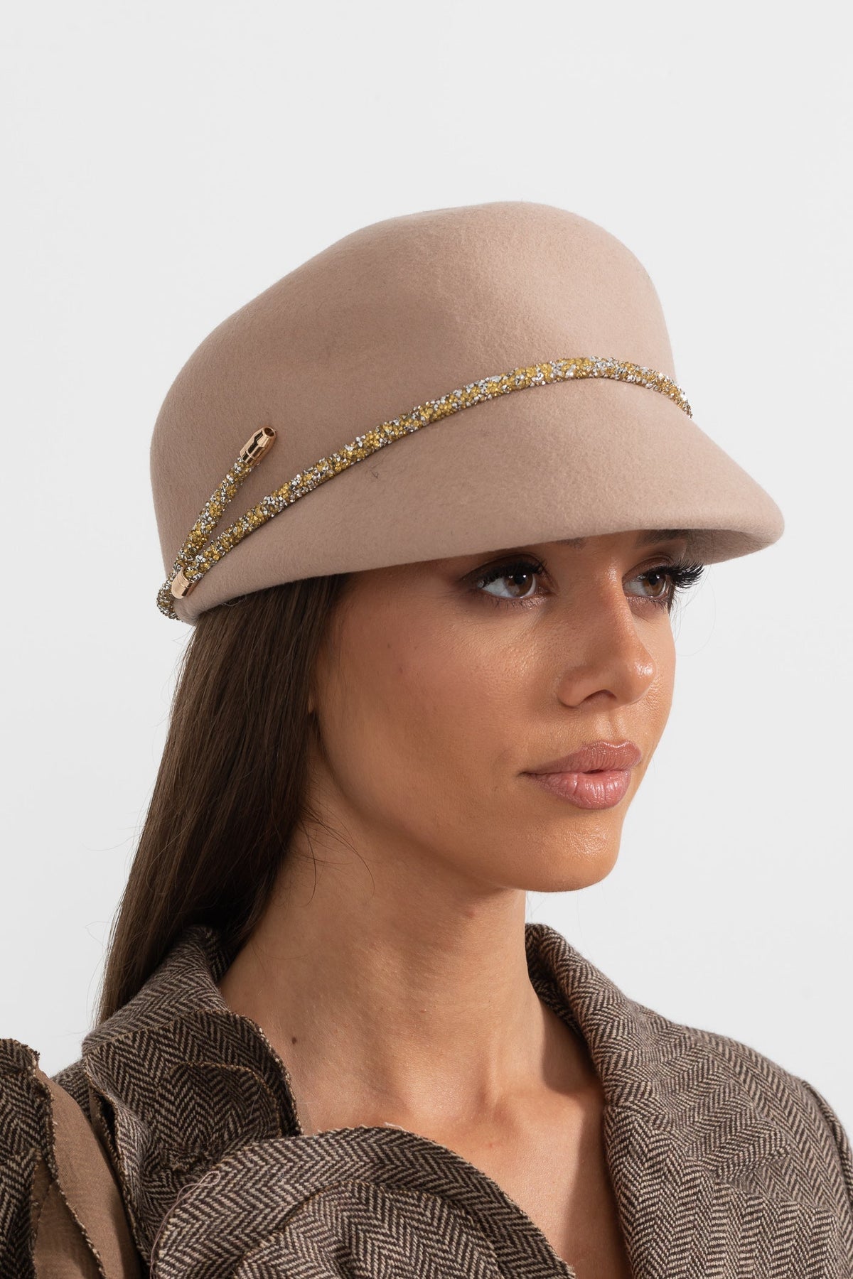 Short Brim Hat with Wrapped Detail and Chain Accent – Beige – view 1