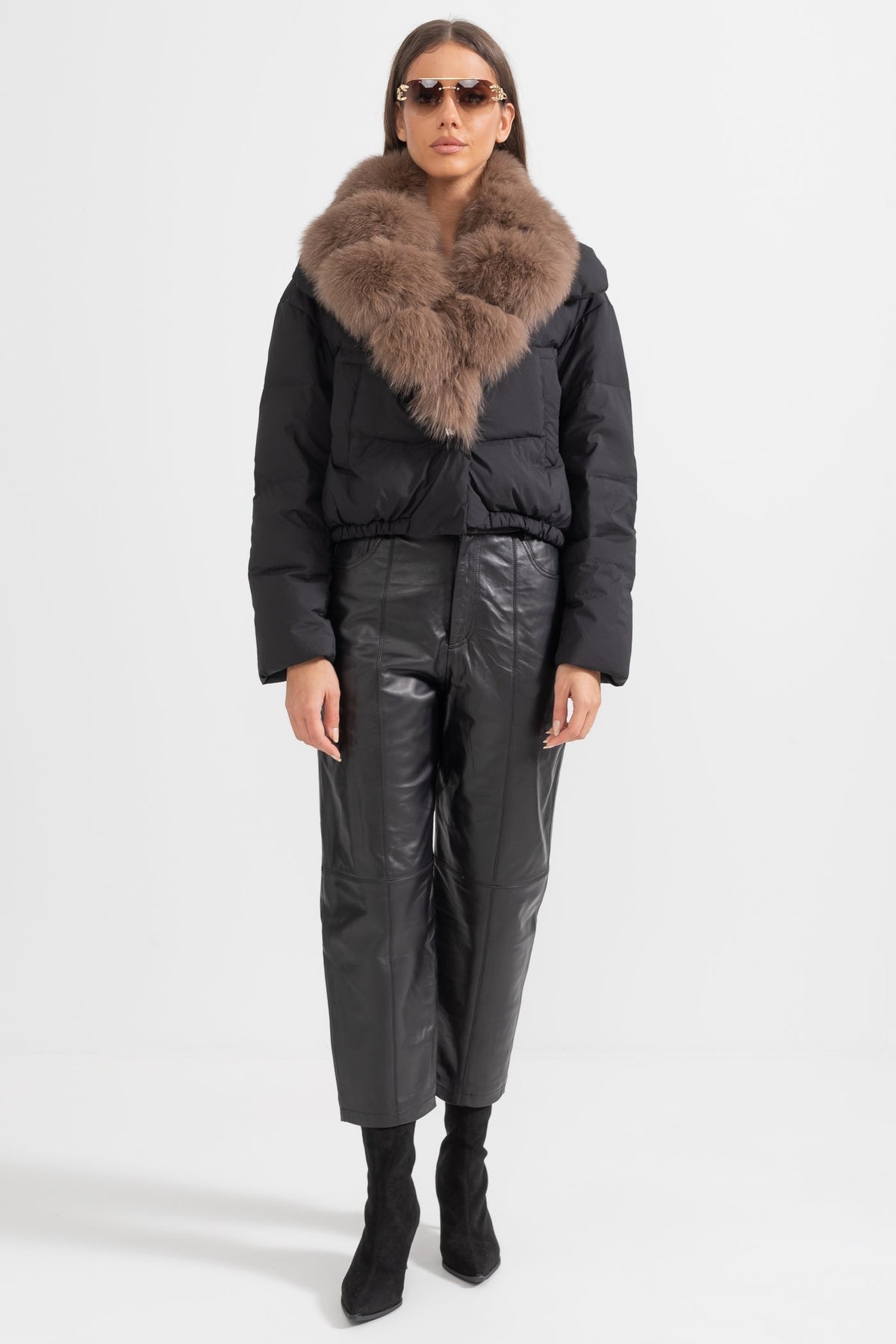 Duck Down Puffer Jacket with Brown Lined Hood – Black – view 3