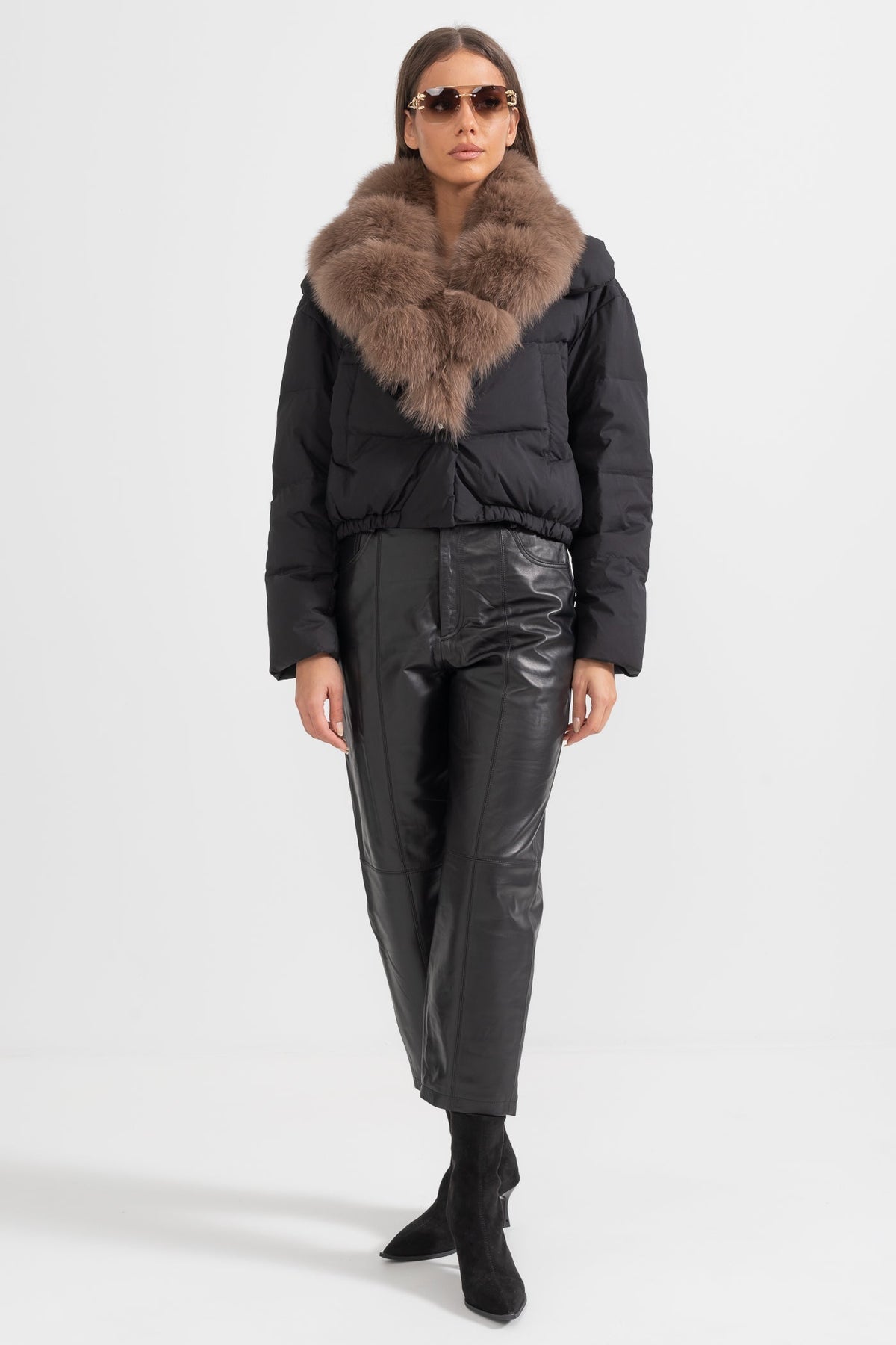 Duck Down Puffer Jacket with Brown Lined Hood – Black – view 5