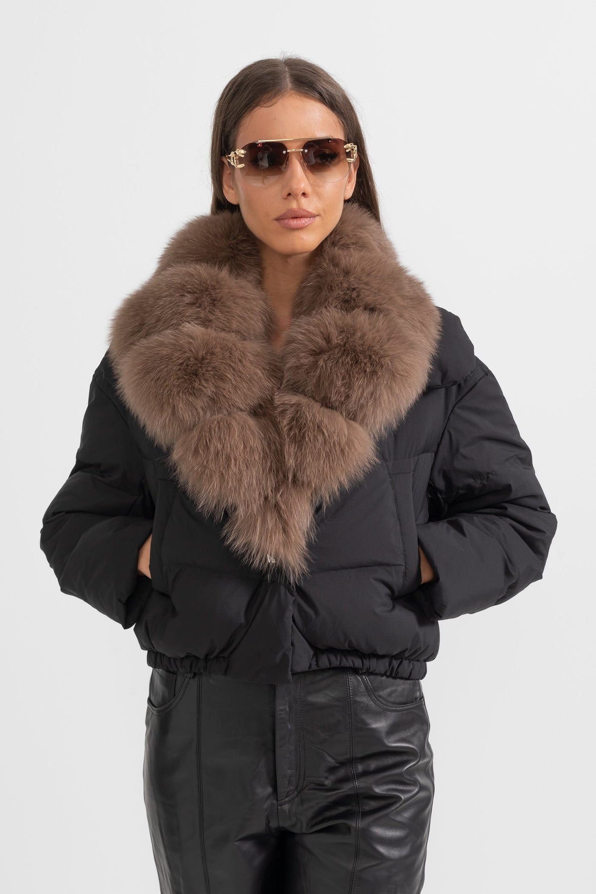 Duck Down Puffer Jacket with Brown Lined Hood – Black