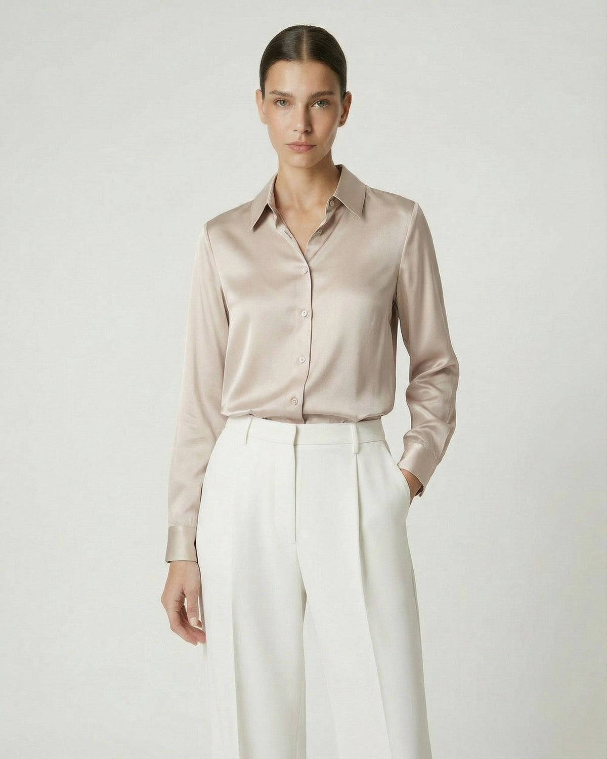 Heavyweight Mulberry Silk Satin Shirt with Gentle Stretch – view 2