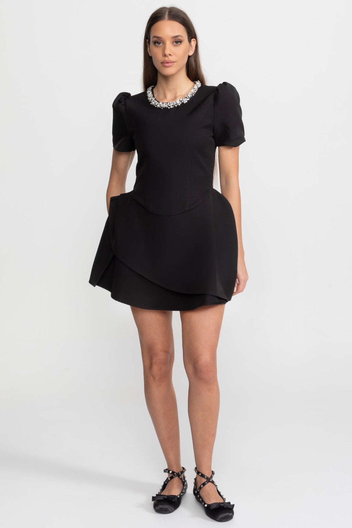 Puff Sleeve Tailored Mini Dress with Crystal Embellished Neckline – Black – view 3
