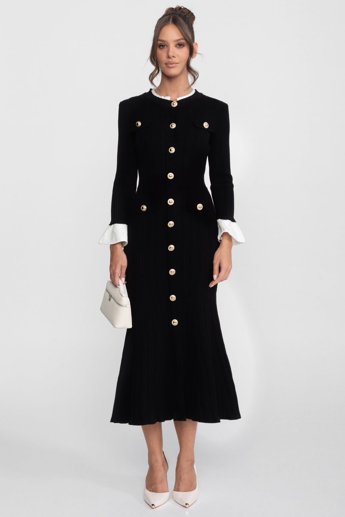 Long Sleeve Ribbed Knit Midi Dress with Contrast Collar and Ruffle Cuffs – Black