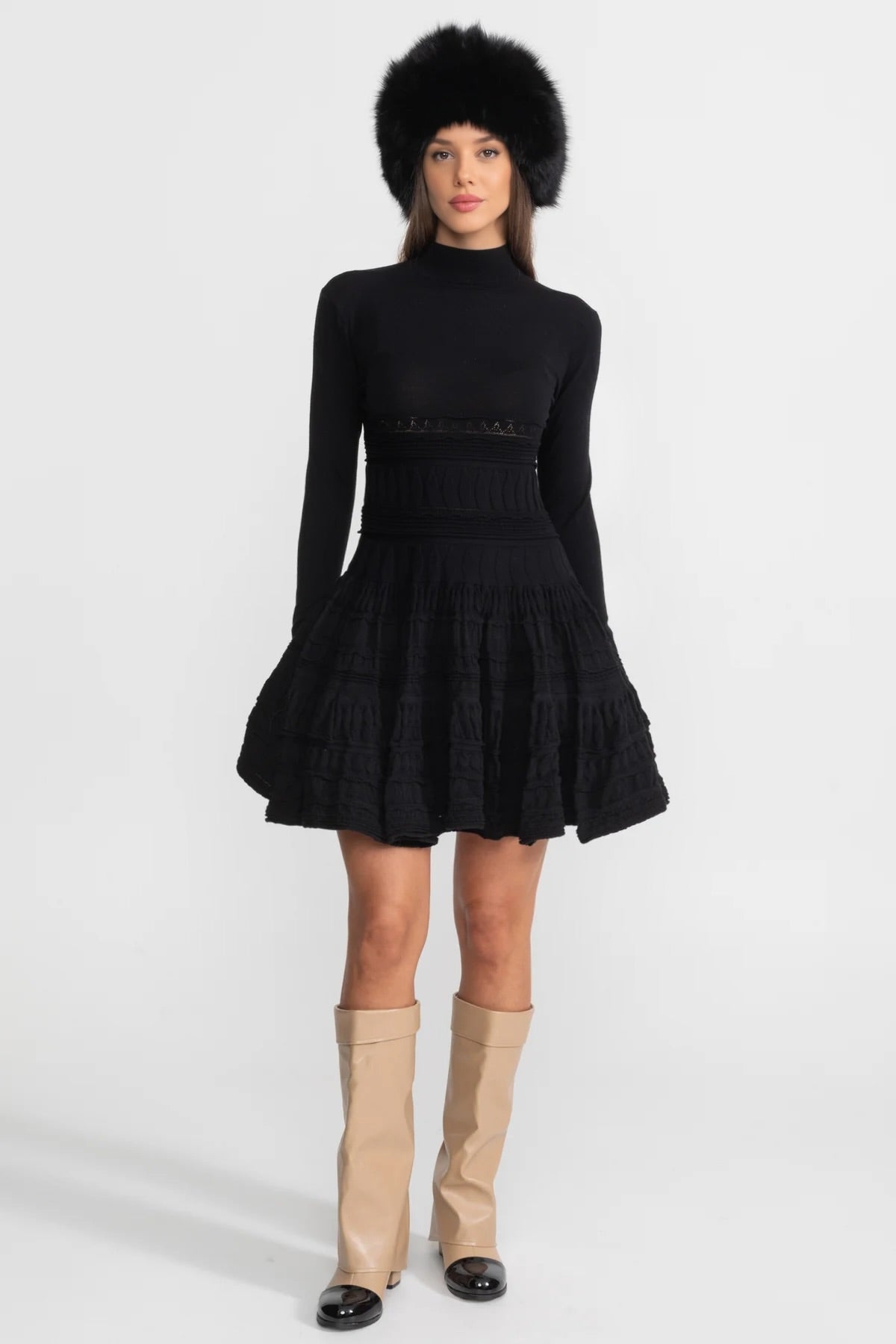 High Neck Long Sleeve Textured Knit Mini Dress with Flared Skirt – Black