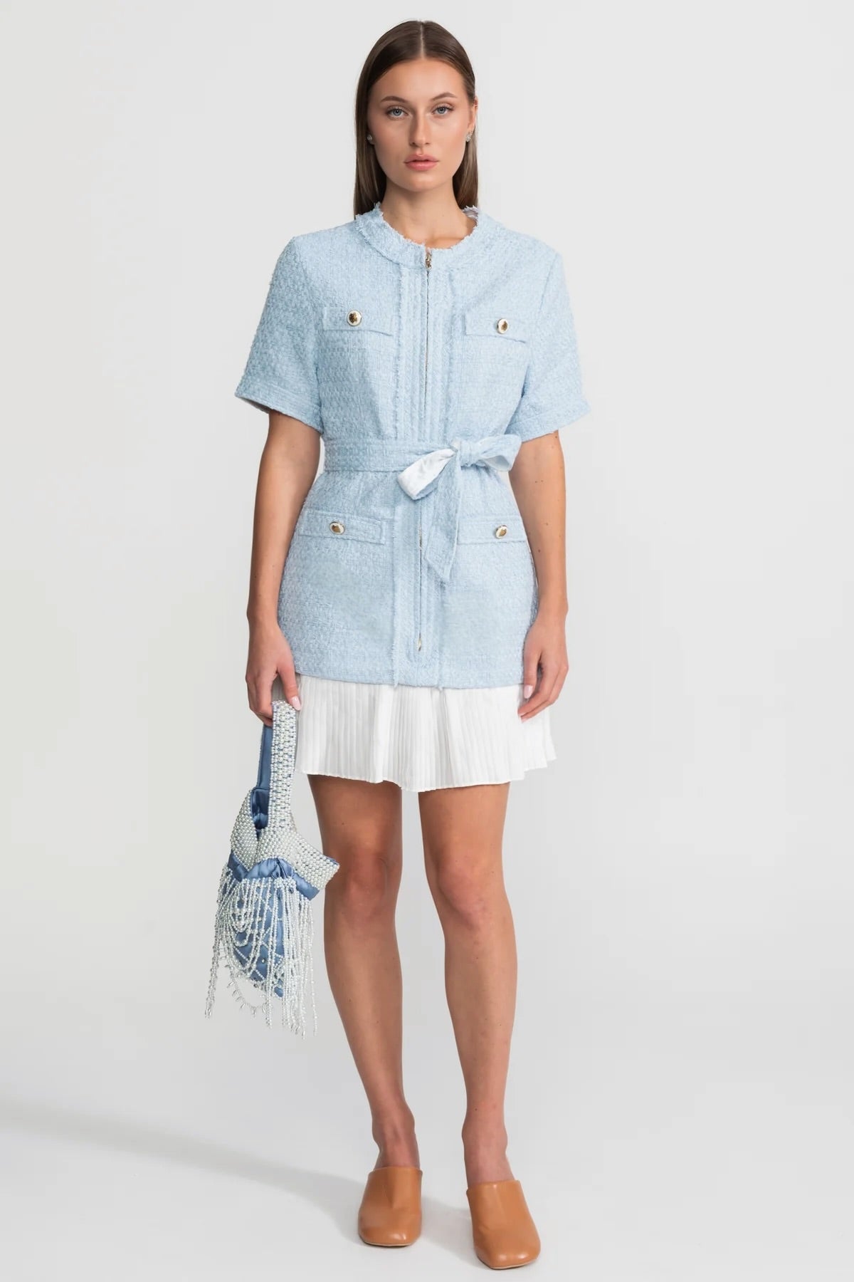 Belted Tweed Jacket Dress with White Pleated Hem – Powder Blue