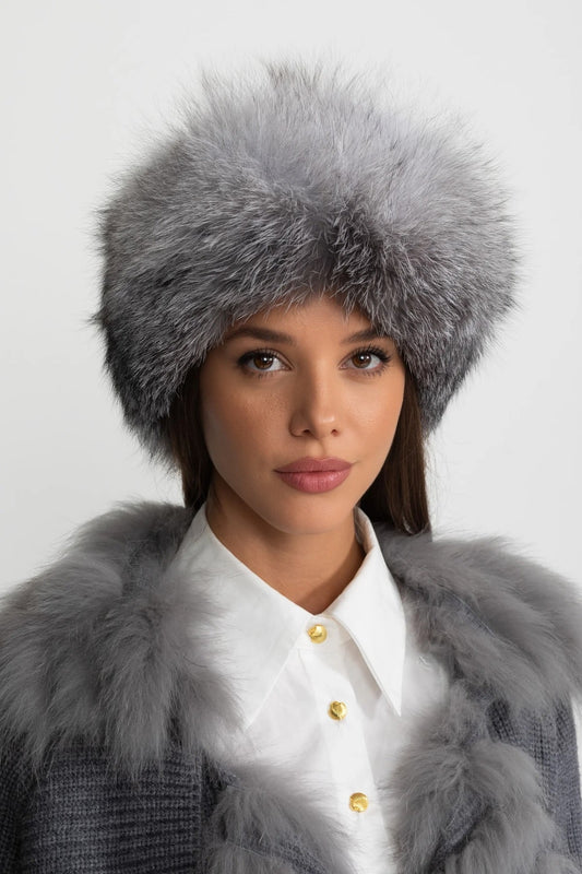Vegan Leather Hat with Plush Trim and Pom-Pom Ties – Grey
