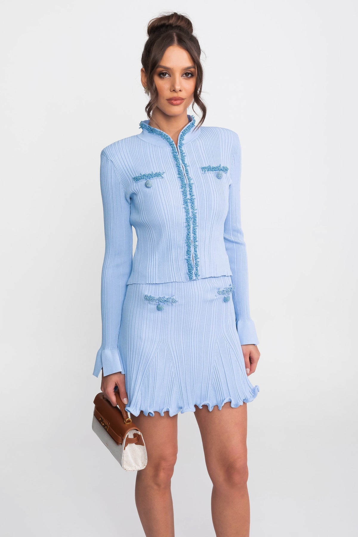 Ribbed Knit Long Sleeve Beaded Top and Mini Skirt Set – Blue – view 4