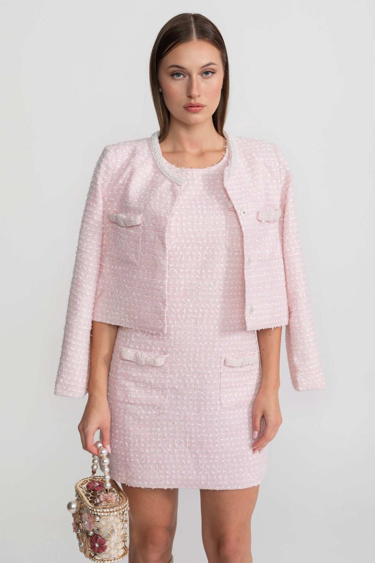 Cropped Tweed Jacket with Pearl Trim Round Neckline – Light Pink