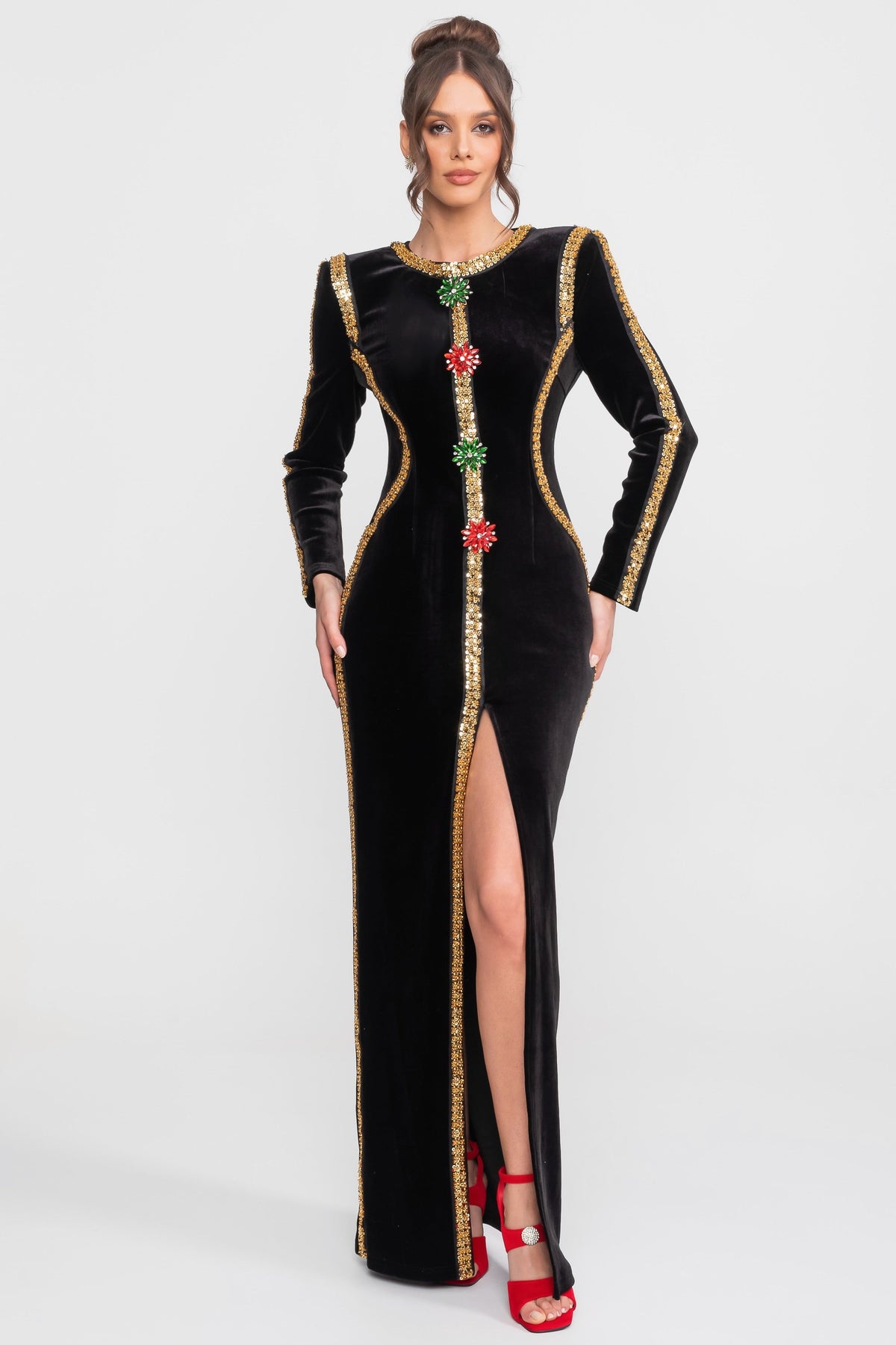 Velvet Column Maxi Dress with Gold Sequin Trim and Crystal Brooches – Black