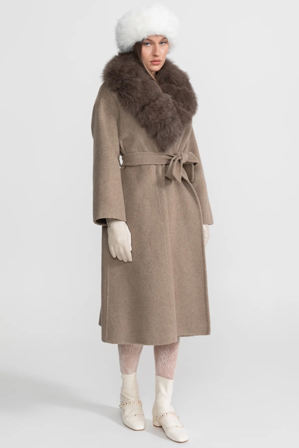 Double-Faced Wool Wrap Coat with Collar Trim and Tie Belt – Khaki – view 3