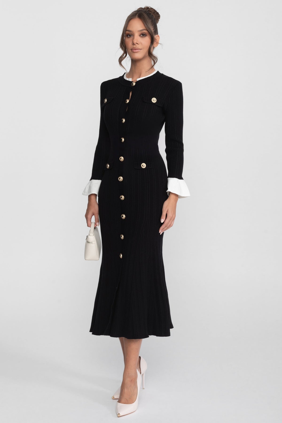 Long Sleeve Ribbed Knit Midi Dress with Contrast Collar and Ruffle Cuffs – Black – view 2
