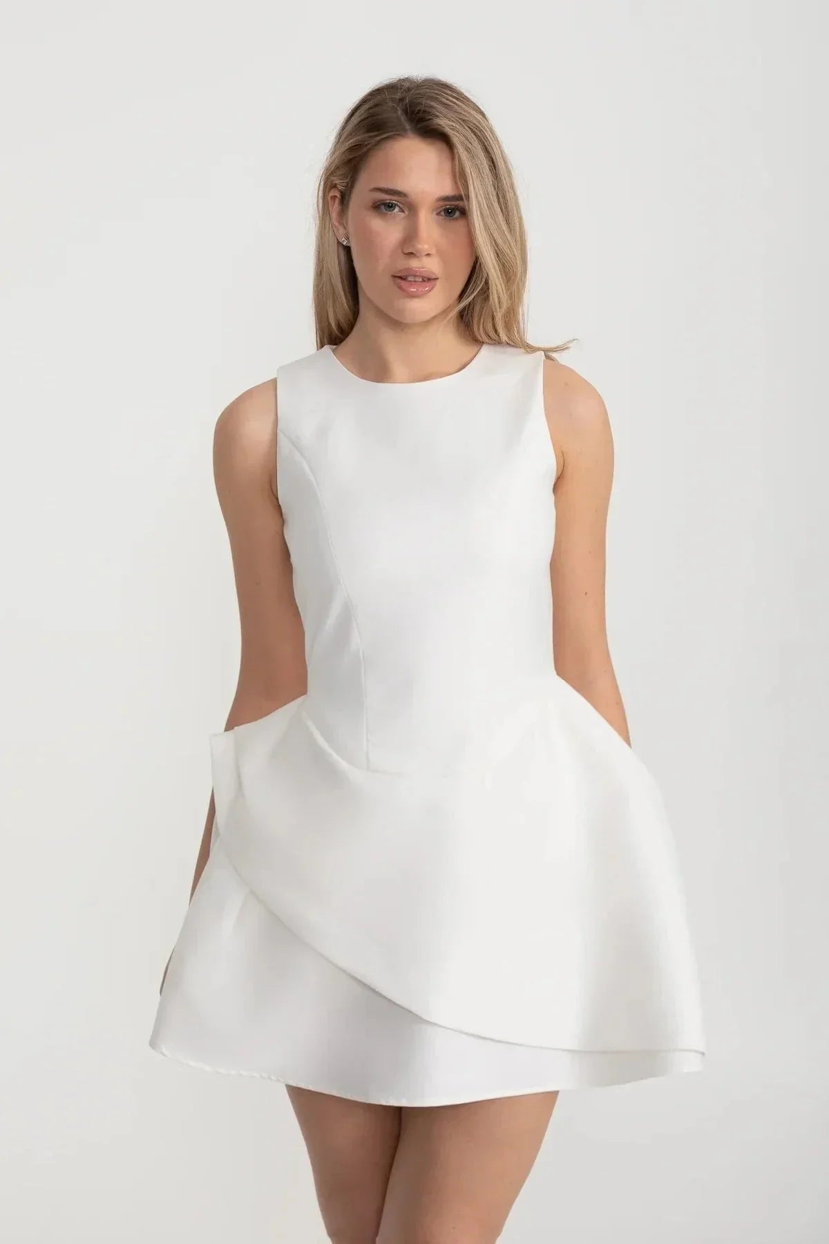 Sleeveless Mini Dress with Fitted Bodice and Asymmetric Layered Skirt – White – view 1
