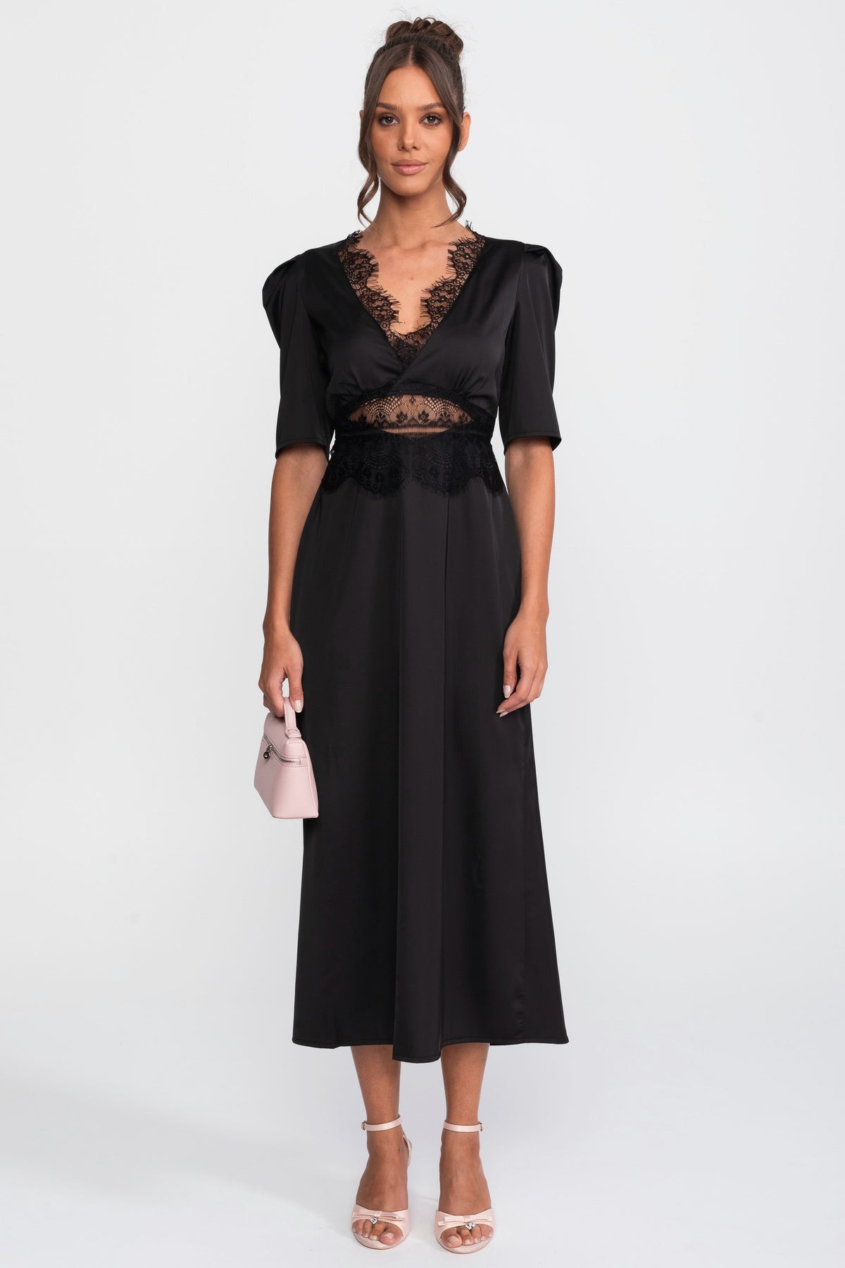 Satin Polka Dot Puff Sleeve Midi Dress with Lace Trim – Black – view 1