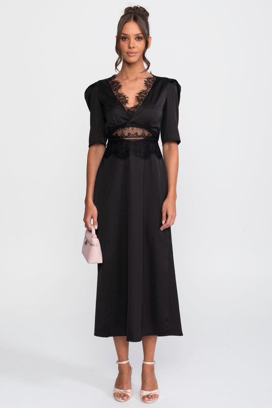 Satin Polka Dot Puff Sleeve Midi Dress with Lace Trim – Black