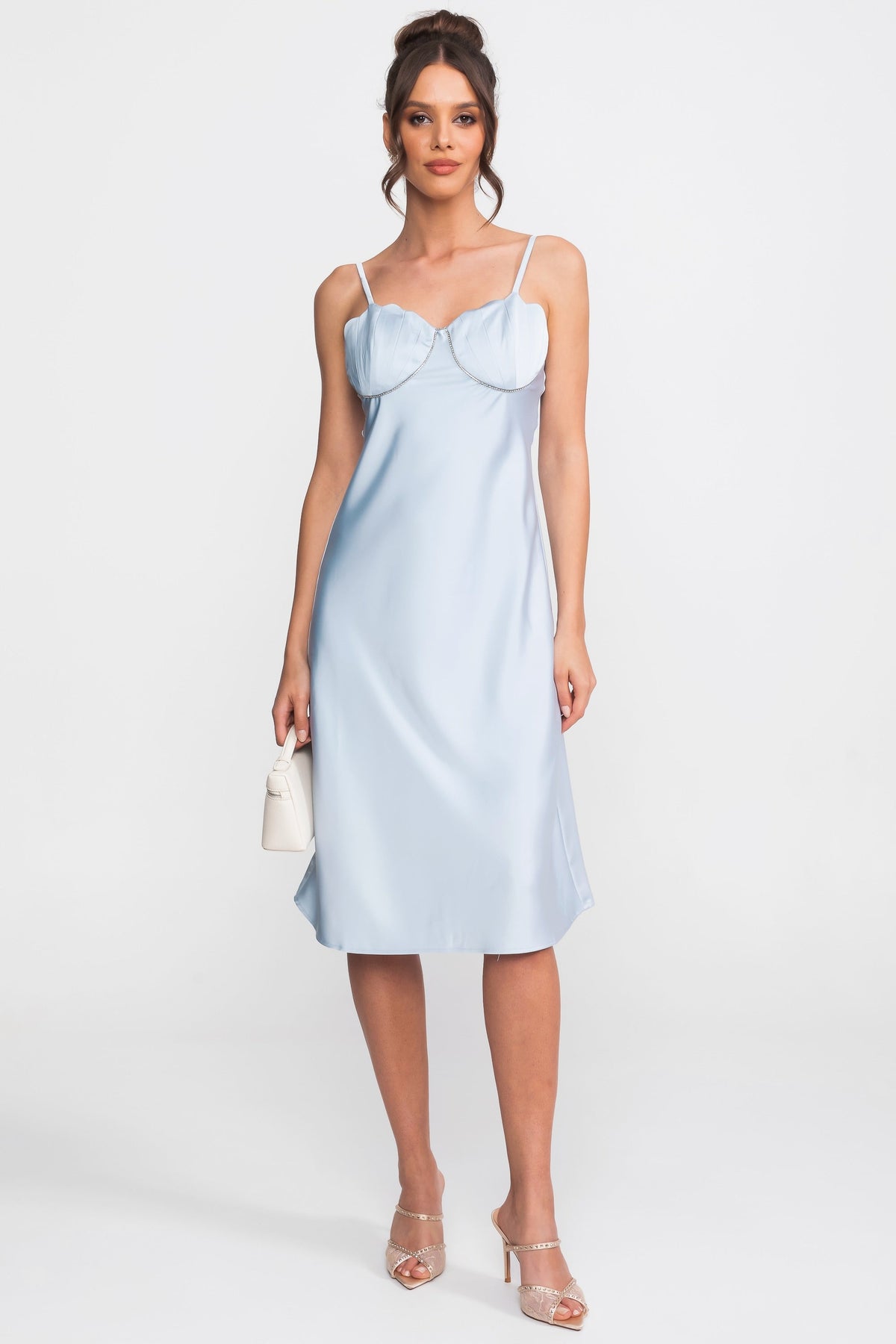 Satin Slip Midi Dress with Sweetheart Bustier Bodice – Light Blue