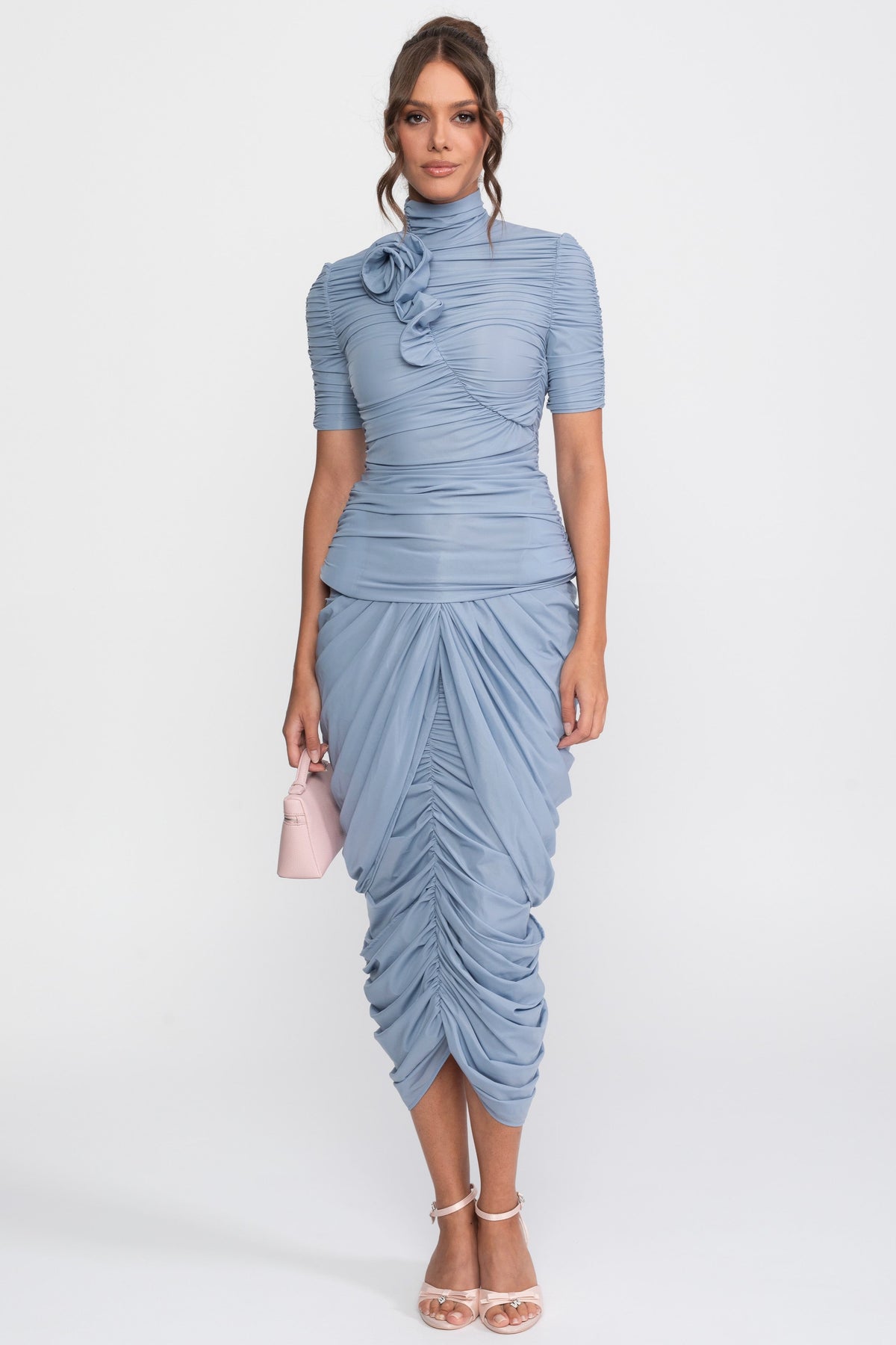 Rosette Ruched Jersey Top and Wrap Midi Skirt Co-ord Set – Dusty Blue