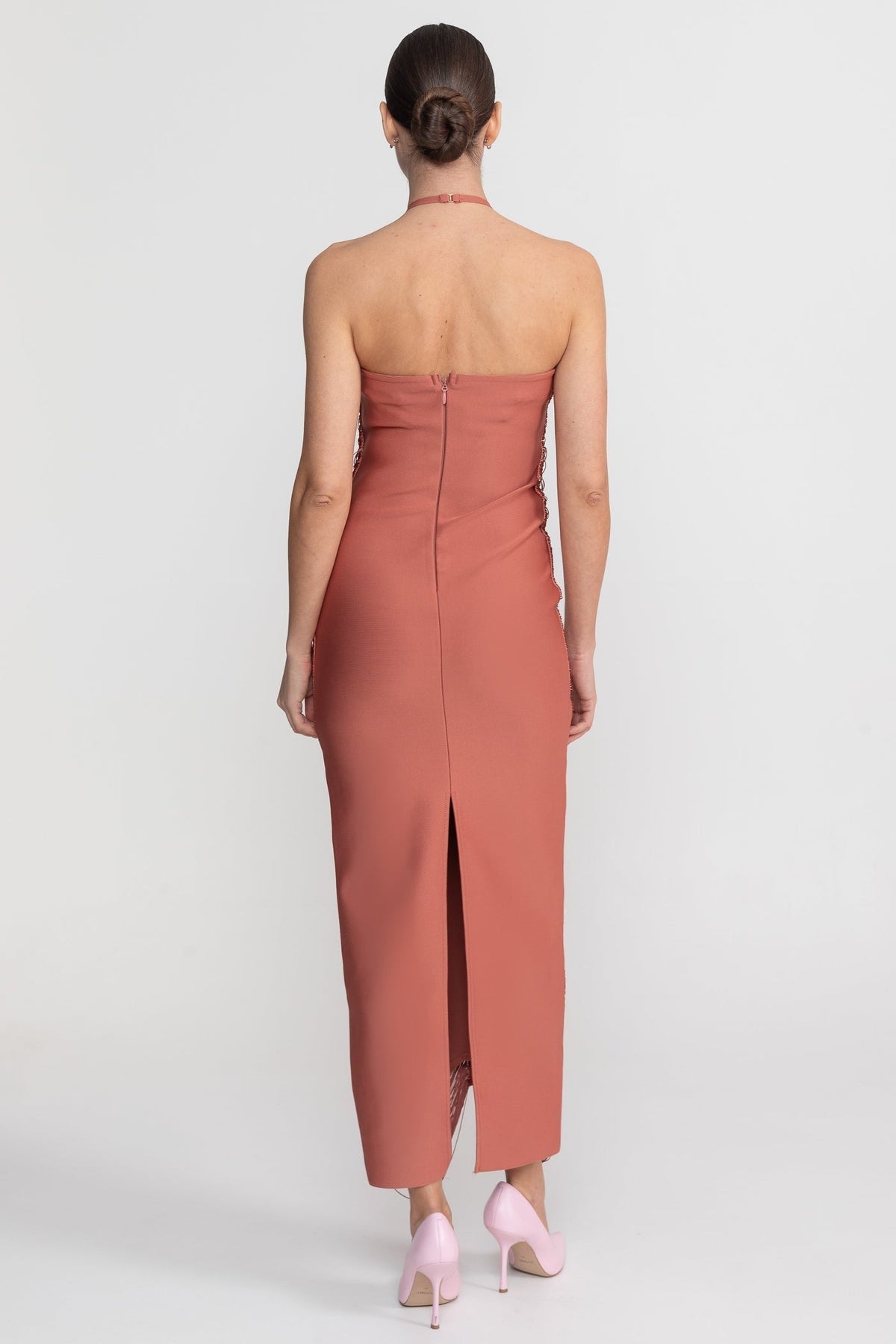 Pleated Halter Neck Body-Contouring Dress with Front Slit – Light Brown – view 5