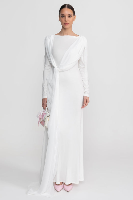 Bateau Neck Long Sleeve Jersey Maxi Dress with Cape Overlay – White