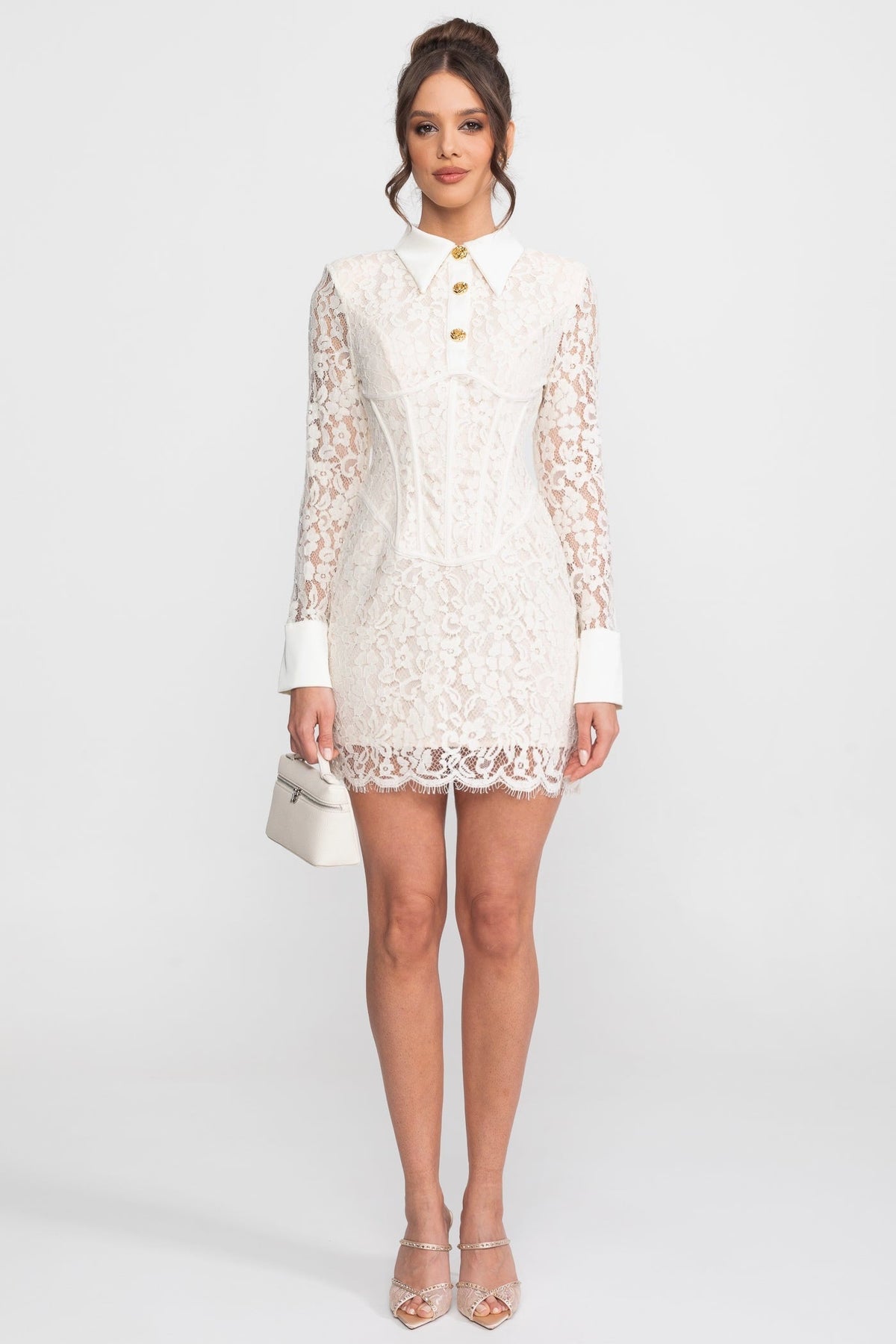 Long Sleeve Stretch Lace Mini Dress with Gold Buttons and Scallop Hem – Ivory