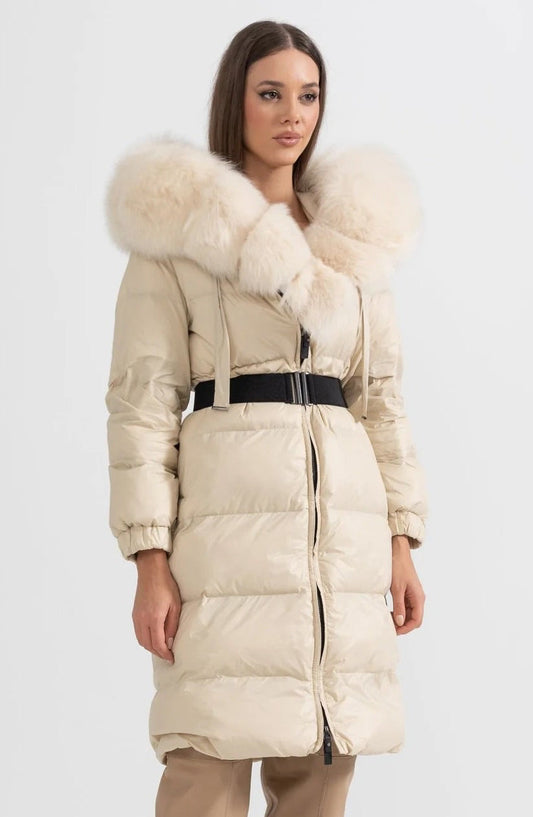 Long Duck Down Puffer Jacket with White Lined Hood – Ivory