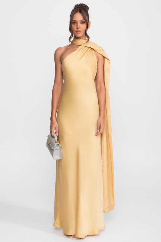 Twist Halter Satin Slip Dress with Asymmetric Neckline – Yellow – view 2