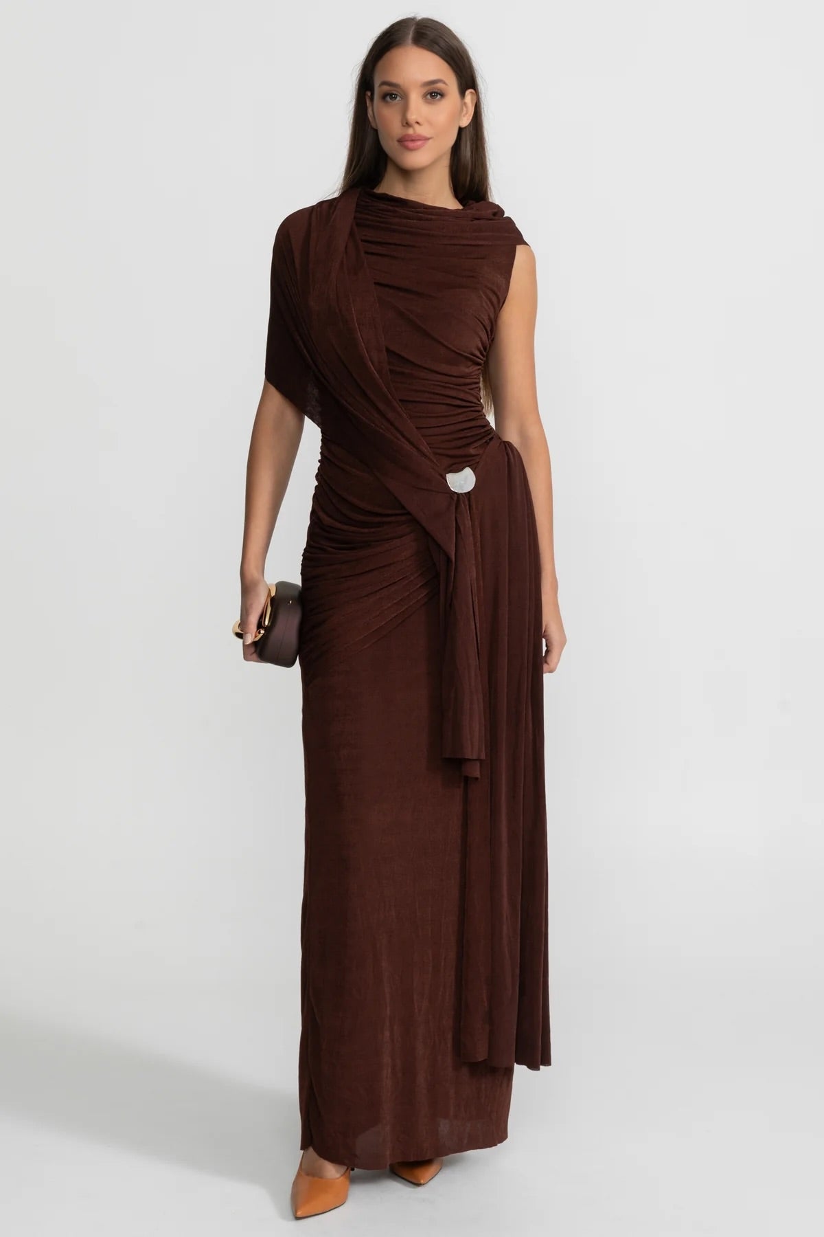 Draped Stretch Jersey Column Maxi Dress with Shoulder Scarf – Brown