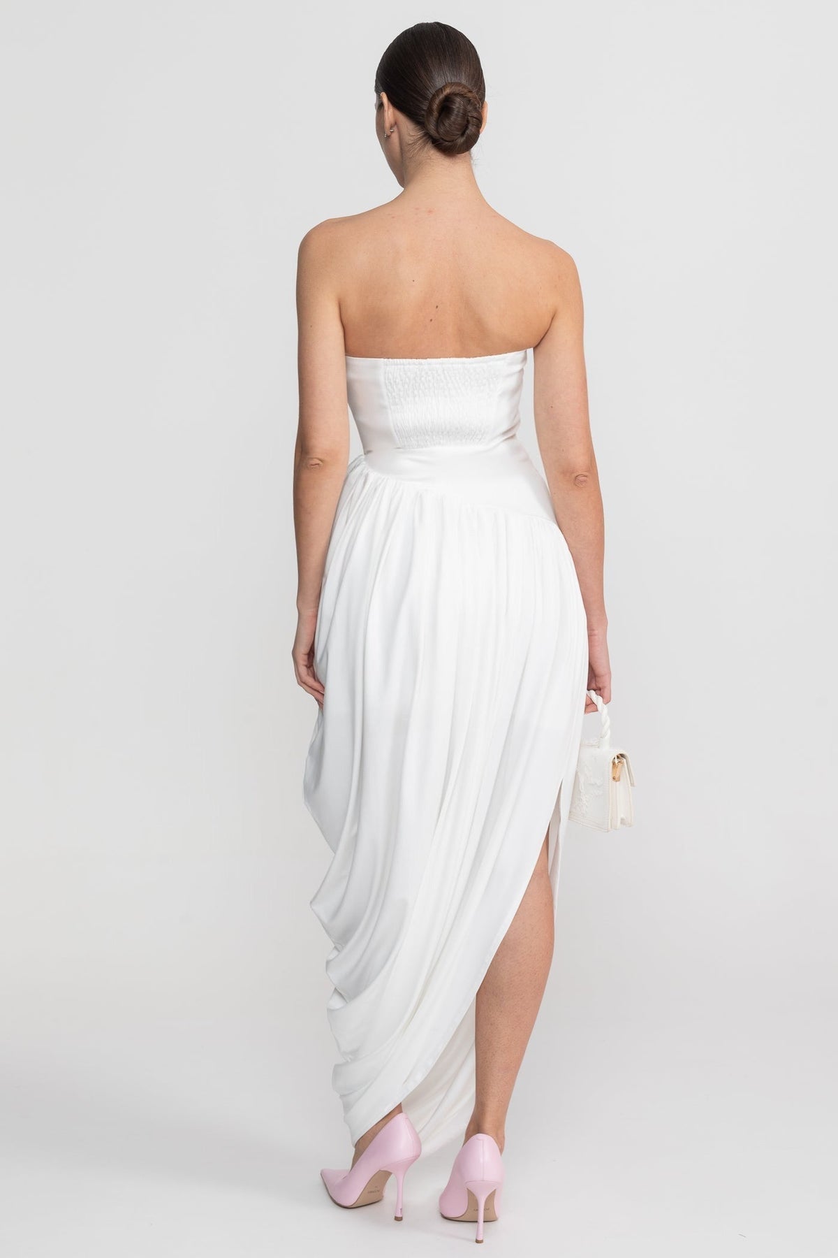 Strapless Maxi Dress with Asymmetric Waist and Cascading Draped Skirt – White – view 8