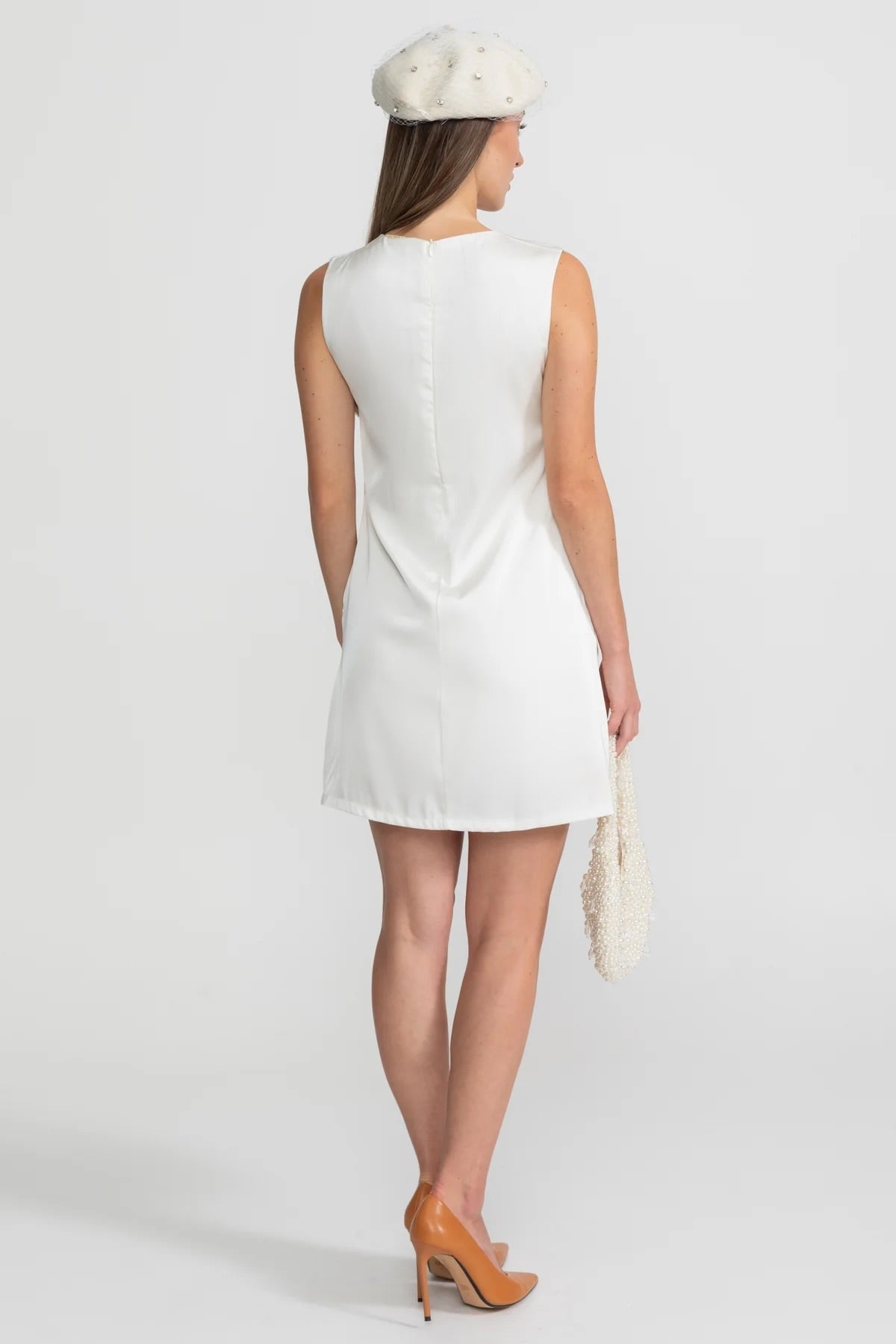 3D Floral Appliqué Round Neck Straight Mini Dress – White – view 5