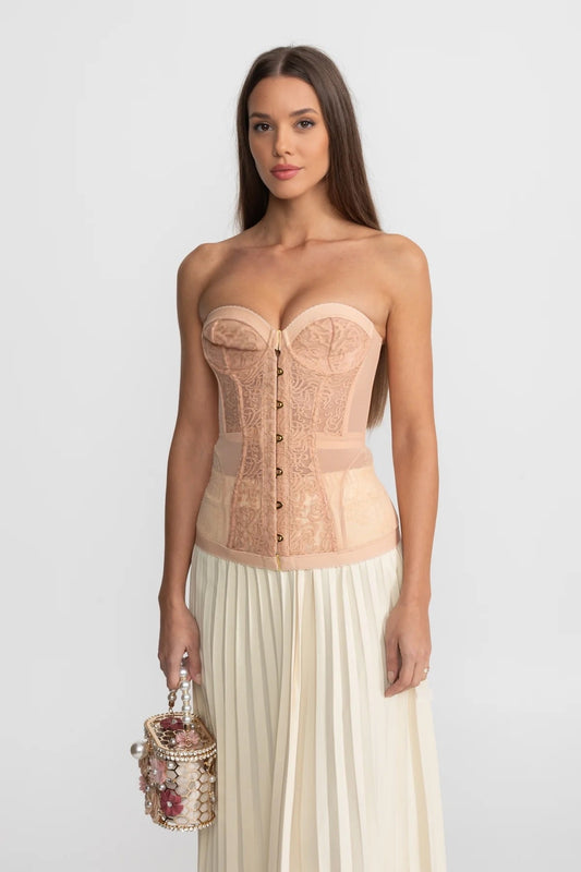 Embroidered Lace Strapless Corset Top with Boning – Nude