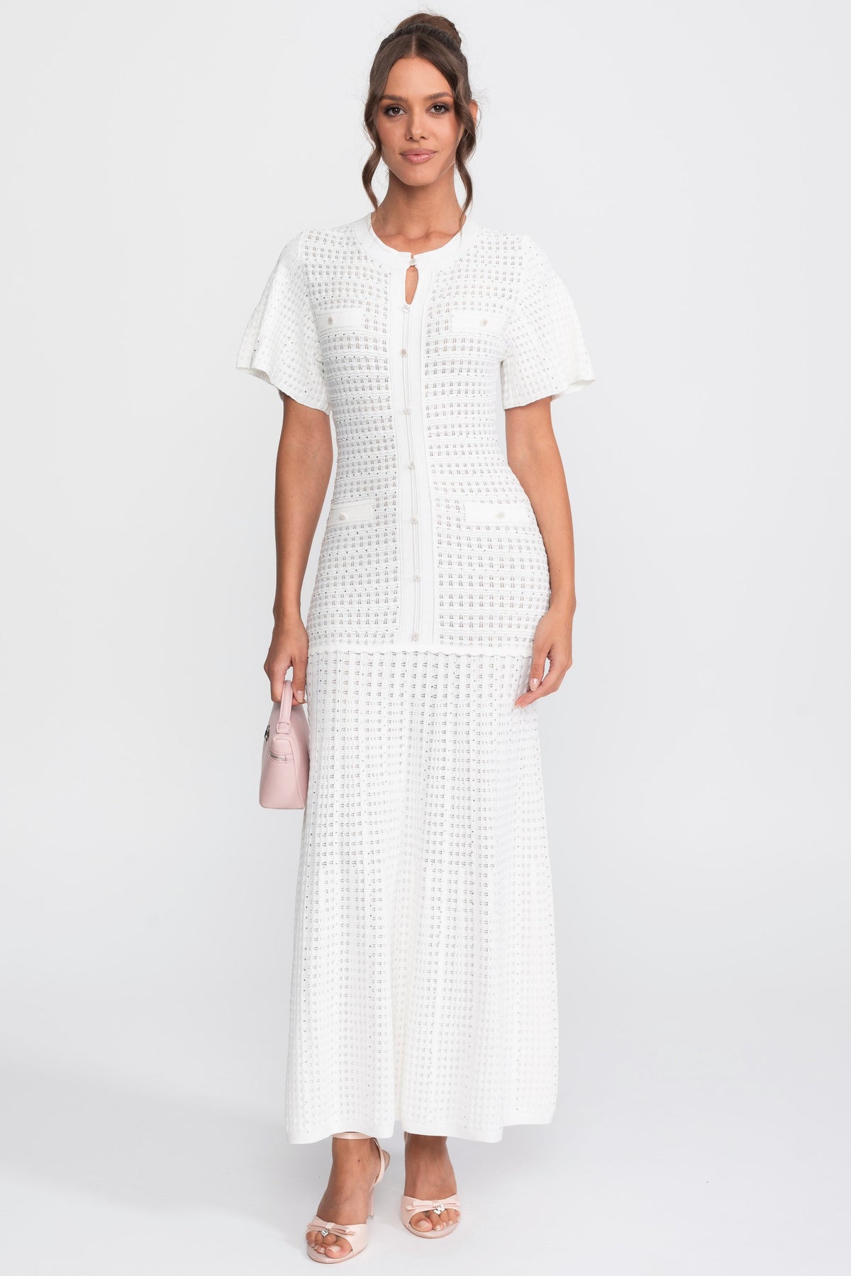 Shimmer Knit Button Front Midi Dress with Pleated Skirt – White – view 1