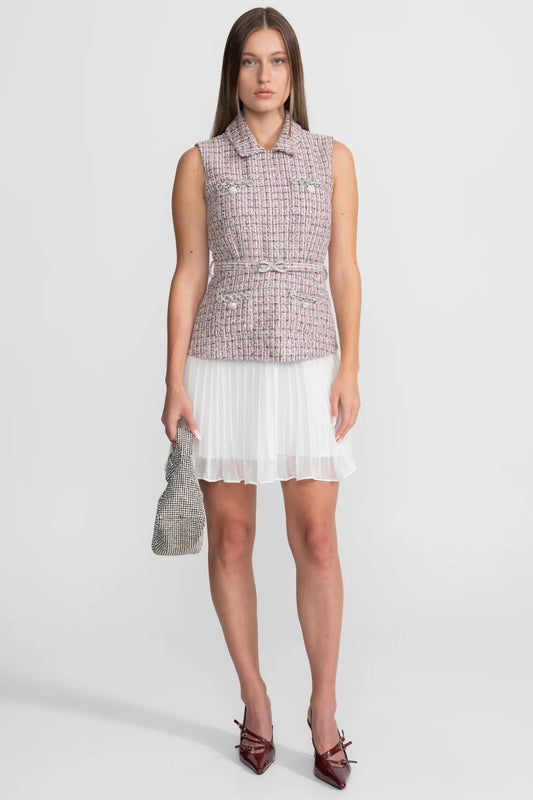 Sleeveless Tweed Vest Dress with Pleated Chiffon Skirt – Pink & White