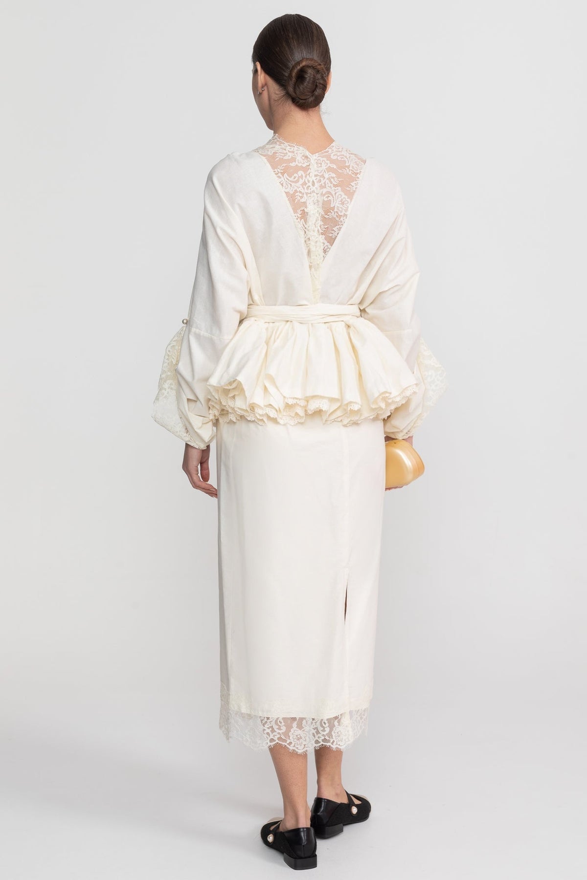 Belted Peplum Blouse and Midi Skirt Co-ord Set with Lace Inserts – Ivory