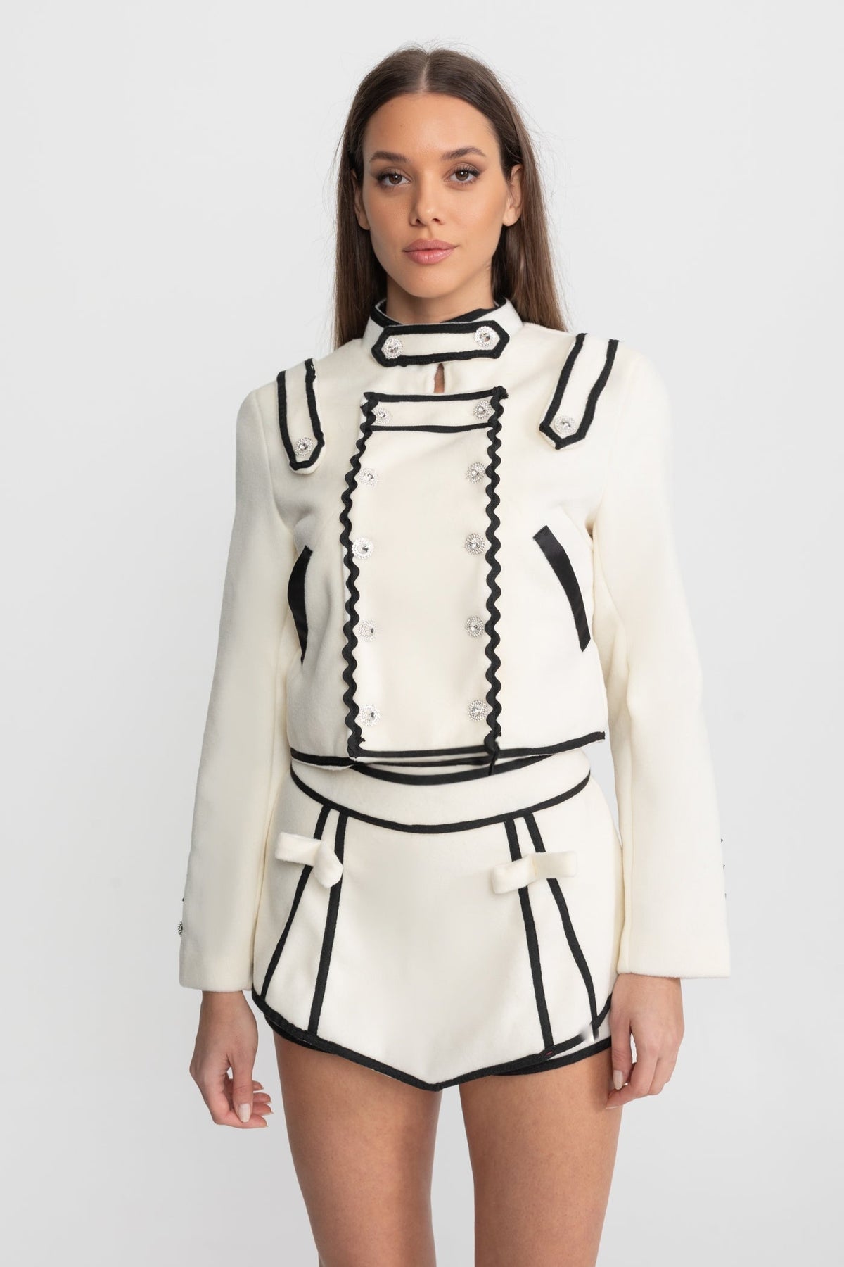 Contrast Trim Cropped Jacket and Mini Skirt Set with Crystal Buttons – Ivory – view 2