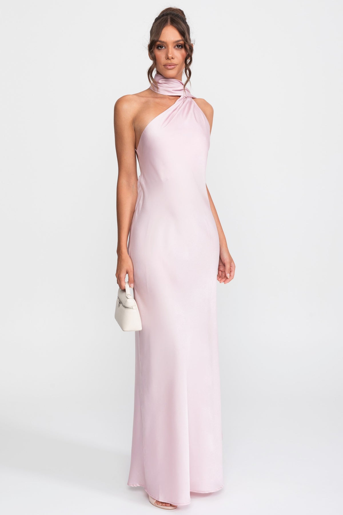 Twist Halter Satin Slip Dress with Asymmetric Neckline – Pink – view 2