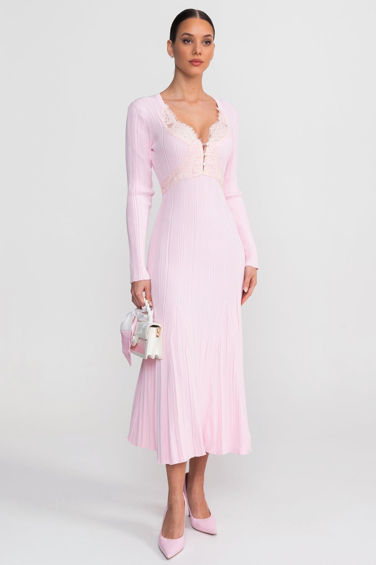 Ribbed Knit Lace Trim V-Neck Long Sleeve Midi Dress – Baby Pink – view 7