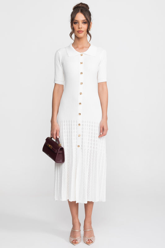 Ribbed Knit Peter Pan Collar Midi Dress with Pleated Skirt – White