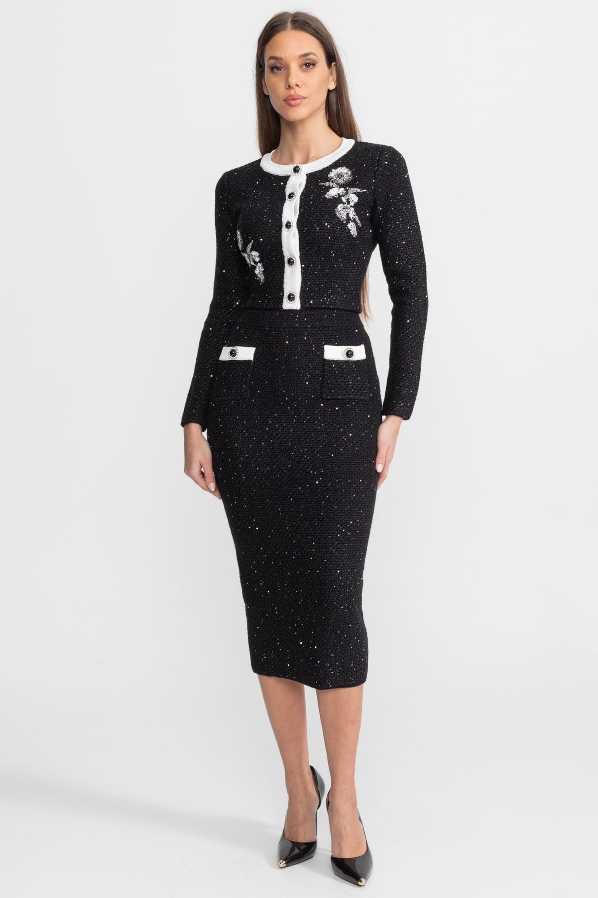 Floral Appliqué Tweed Knit Cropped Cardigan and Midi Skirt Set – Black