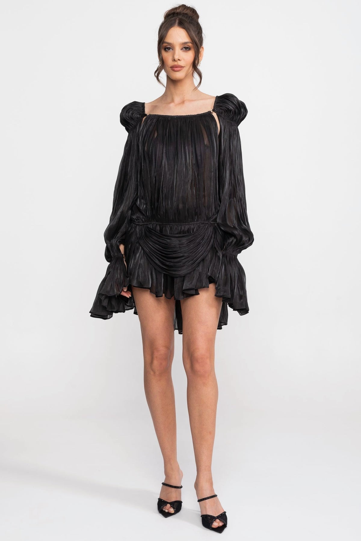 Sheer Chiffon Cape Sleeve Mini Dress with Gold Clip Detail – Black – view 3