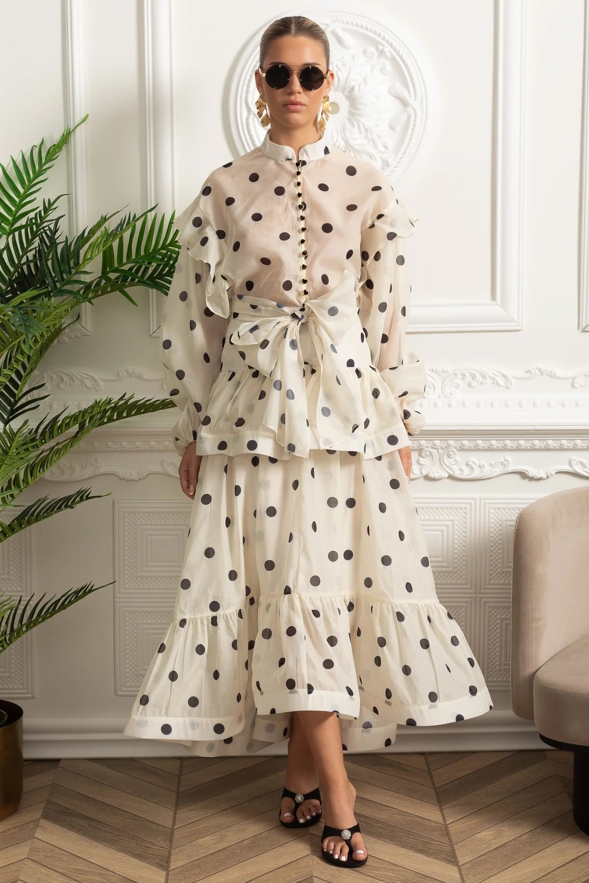 Polka Dot Organza Bow Waist Top and Tiered Maxi Skirt Set – Ivory