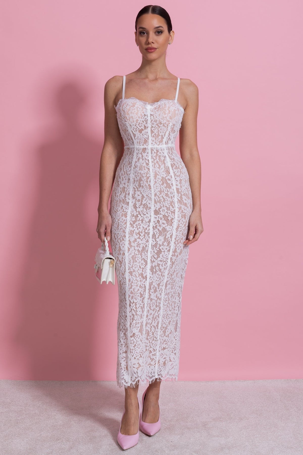 Lace Pencil Midi Dress with Sheer Corset Bodice and Sweetheart Neck – White