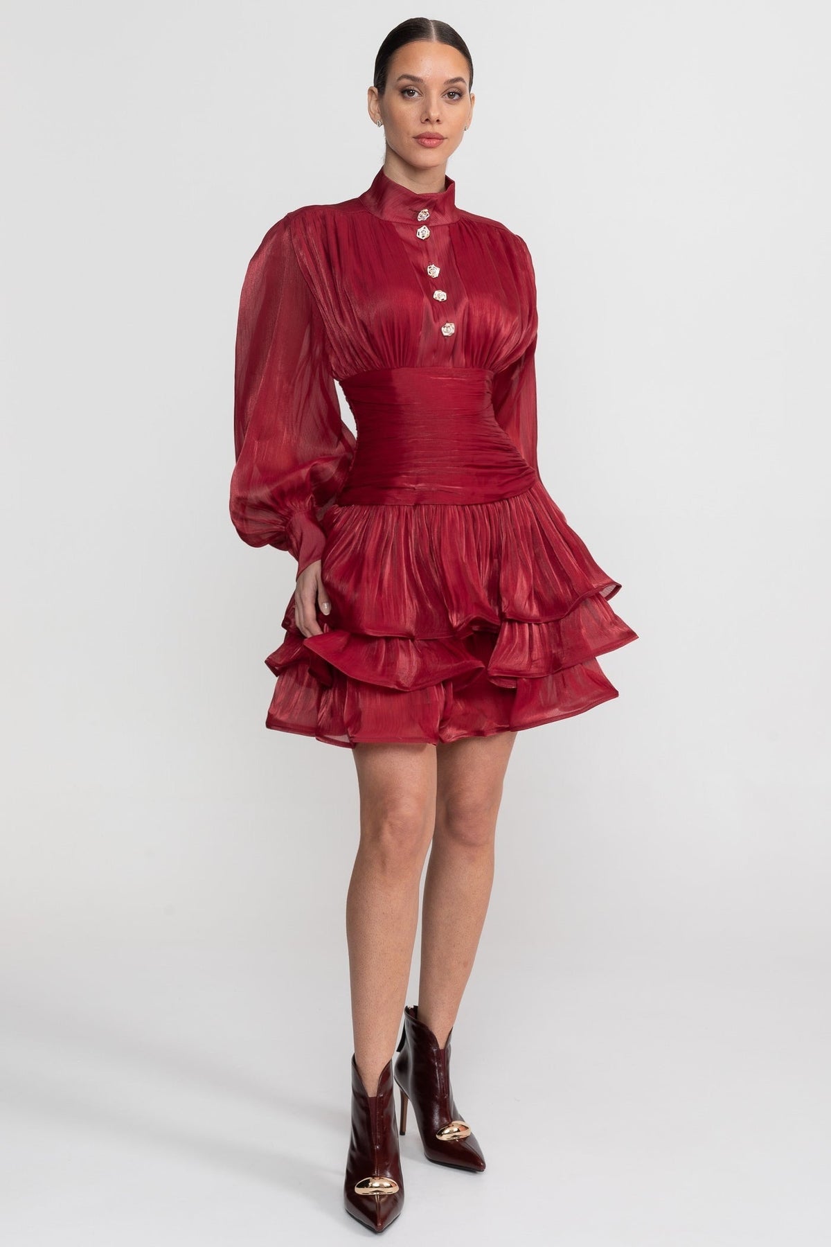 Long Sleeve Tiered Ruffle Mini Dress with Stand Collar – Red – view 3